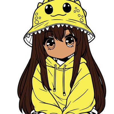 girl with anime shaped eyes with a dinosaur bucket hat oversized sweatshirt long straight hair