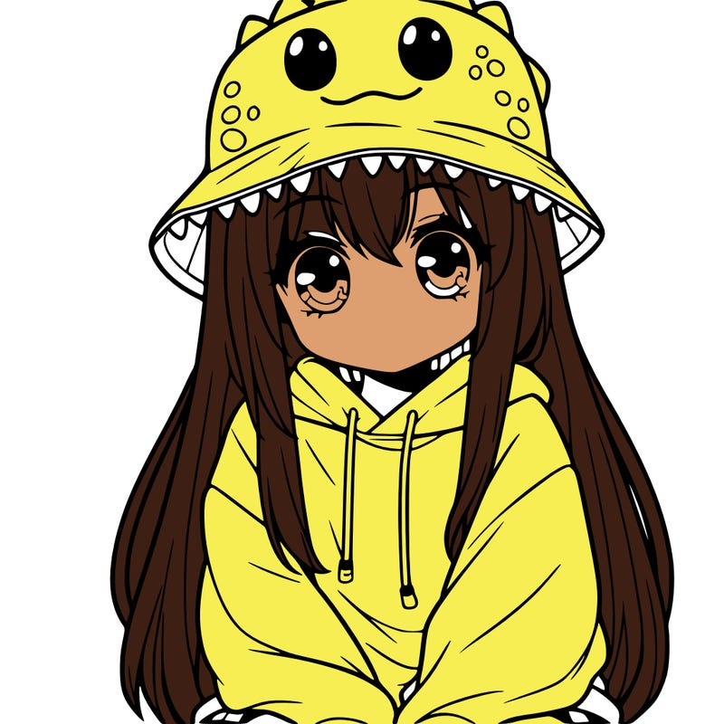 girl with anime shaped eyes with a dinosaur bucket hat oversized sweatshirt long straight hair