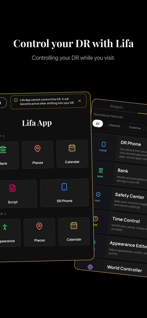 LifaPhone app interface showing Desired Reality control tools and scripting features for reality shifting