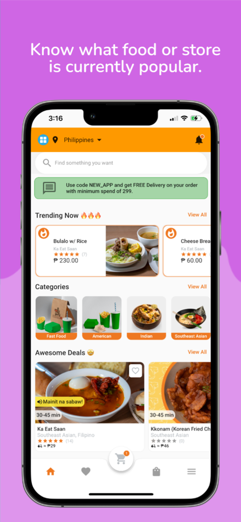 Deliverya - Deliverya app interface showing trending local food and meal categories
