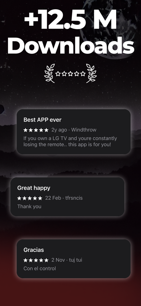 LGee : TV Remote - Screenshot dell'app LGee TV Remote con 12,5 milioni di download e recensioni positive degli utenti a 5 stelle