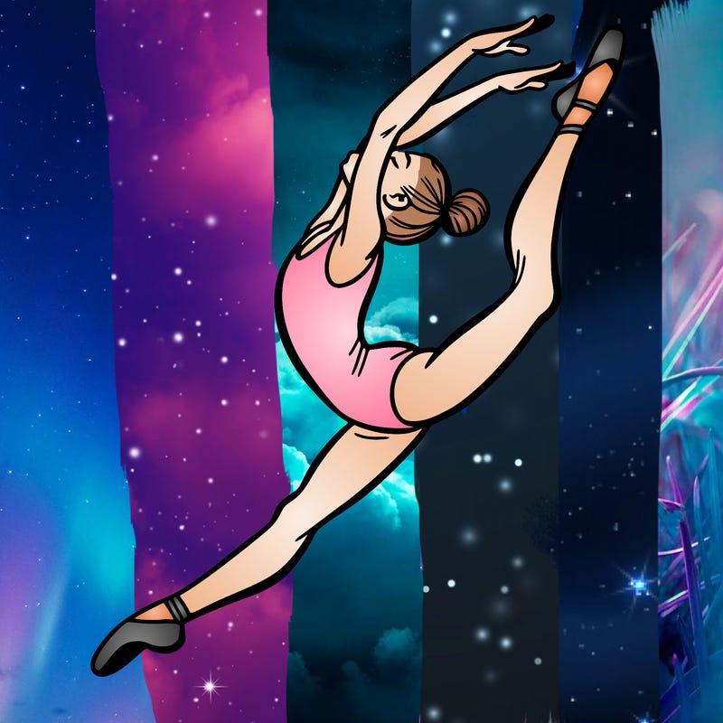 gymnast doing a leap in a leotard with a bent back leg