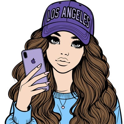 realistic beautiful girl wearing los ángeles cap holding an iphone