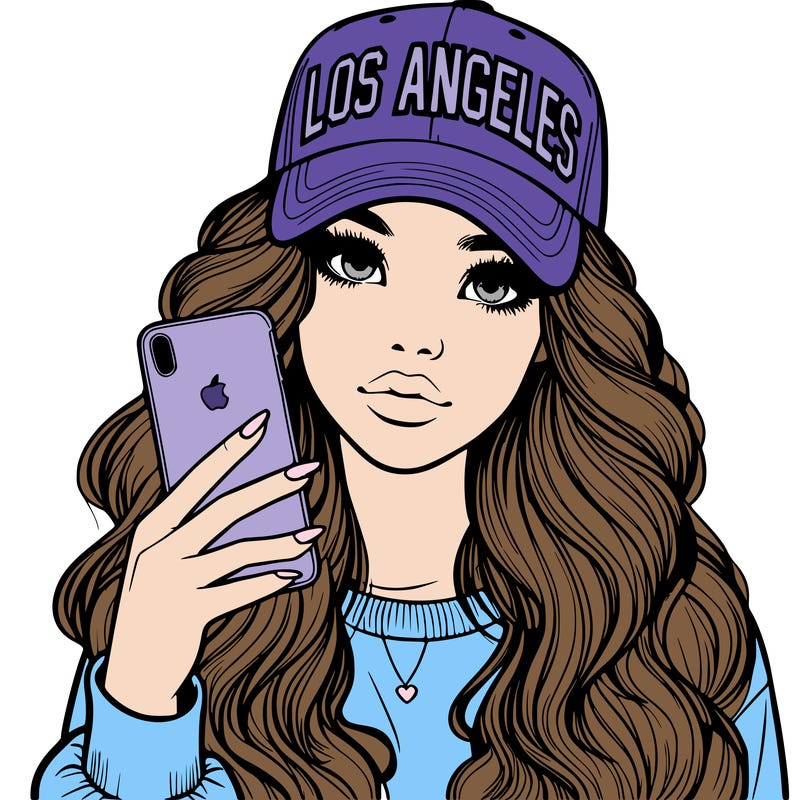 realistic beautiful girl wearing los ángeles cap holding an iphone
