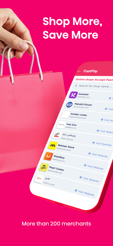 A hand holding a shopping bag next to a mobile screen showing a list of merchants that accept FastPay.