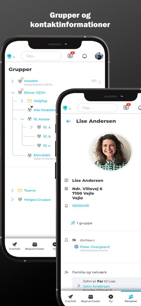 Zenbi - Zenbi school management app interface showing a list of student groups and a contact profile page.