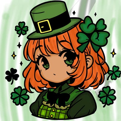 a manga-style girl with clovers around her, a little hat in her hair, like it's saint patrick's day