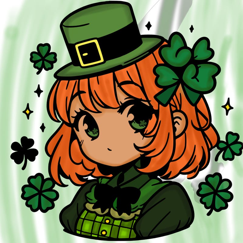 a manga-style girl with clovers around her, a little hat in her hair, like it's saint patrick's day