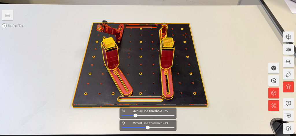 ビジュアルインスペクションのために、物理的な産業部品に拡張現実CADオーバーレイが表示されているSuPARモバイルアプリのインターフェース