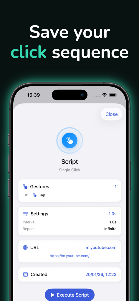 Auto Clicker: Automatic Tapps - Interface of the Auto Clicker app showing a saved click sequence with gesture and interval settings.
