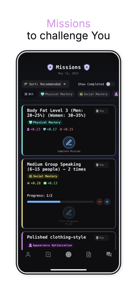 The missions screen of the Endeavorise app showing various gamified self-improvement challenges like physical and social mastery