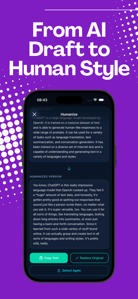 AI Humanizer & Detector - Interface do aplicativo demonstrando como a ferramenta Humanizador de IA converte texto robótico em um estilo humano natural