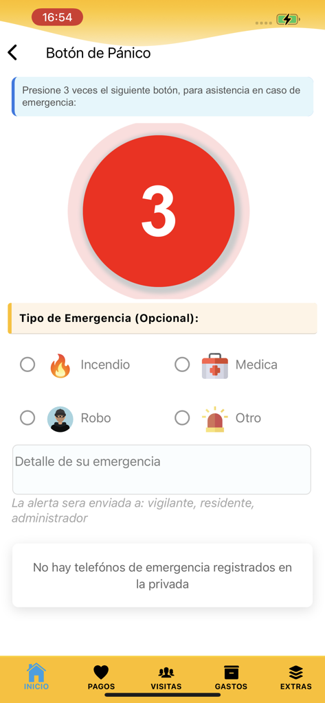 Residentfy - Interface du bouton panique dans l'application Residentfy pour une assistance d'urgence
