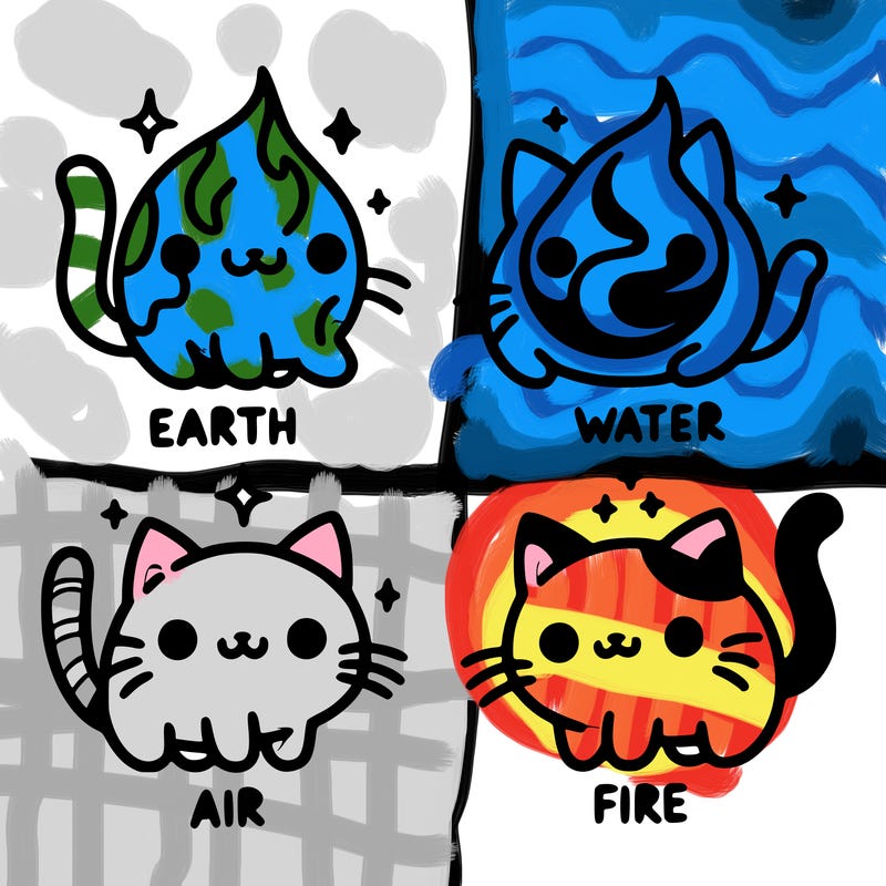 4 cats that represent the different elements, earth, water, air, and fire