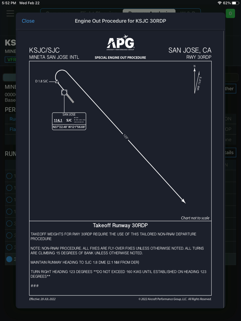 Engine out procedure chart for San Jose International Airport runway 30RDP within the iPreFlight Genesis Dispatch iPad app.