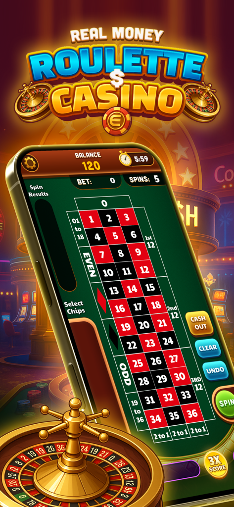 Real Money Roulette & Slots - Mobile phone displaying the Real Money Roulette and Casino betting interface