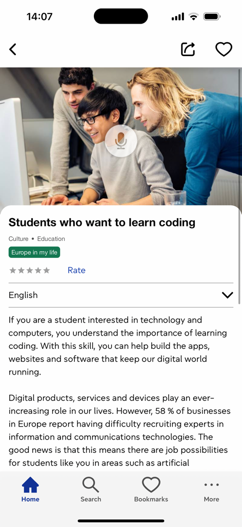 A screenshot of the Citizens App showing an educational article about students learning to code in Europe.