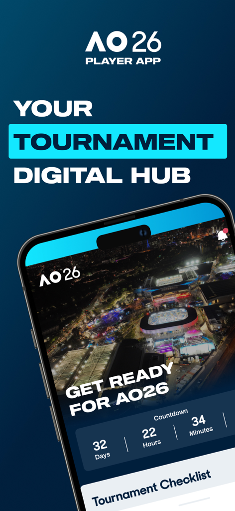 The home screen of the AO Player app featuring a countdown to the Australian Open 2026 and a tournament digital hub dashboard.