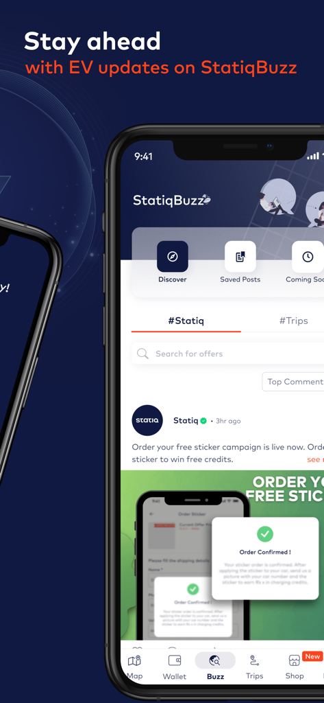 Statiq: EV Charging Stations - Interfaz de la aplicación móvil StatiqBuzz que muestra un feed social de actualizaciones de vehículos eléctricos y noticias de la comunidad.