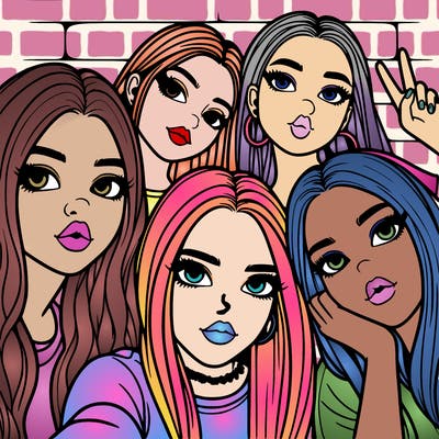group of teen girls friends y2k up close in a selfie