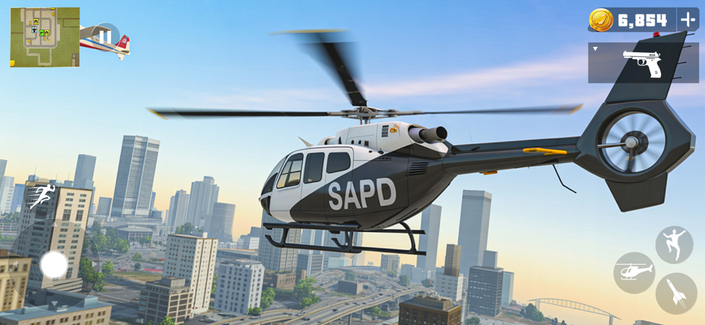 Rogue City Crime Gangster Game - A police helicopter marked SAPD flies over a sprawling urban landscape in Rogue City Crime Gangster Game.