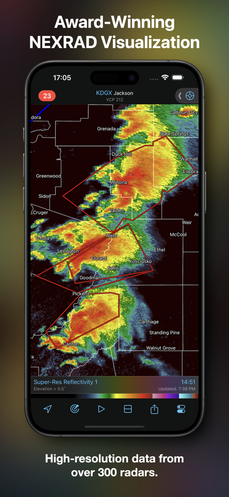 RadarScope - RadarScope app displaying high resolution NEXRAD radar data on a mobile device.