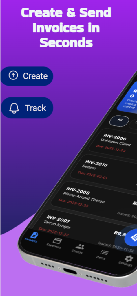 Invoice maker : invoice app - Interface do aplicativo móvel mostrando como criar e rastrear faturas profissionais para freelancers e pequenas empresas.