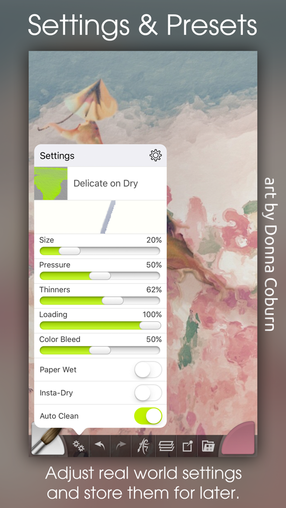 ArtRage - デジタルペイント用の詳細なブラシ設定とプリセットを示すArtRageモバイルアプリのインターフェース