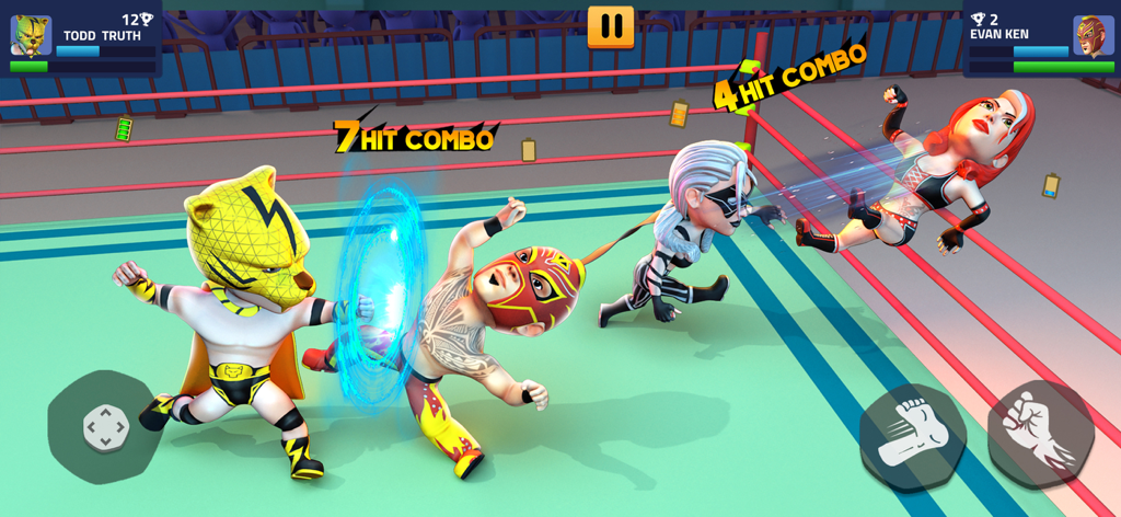 A 3D arcade wrestling match featuring mini monster characters and hit combo effects