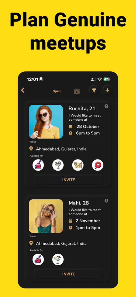 Mature Dating App- Flirt, Meet - Mature dating app interface showing profile cards for planning meetups with dates and invitation buttons