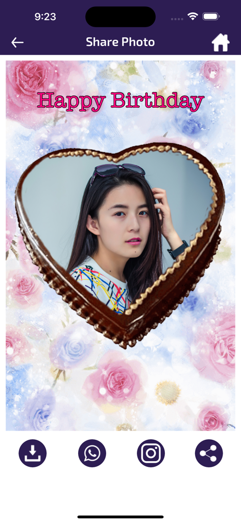 Birthday Photo Frames - Editor - Aplicación de edición de fotos de cumpleaños que muestra un marco de pastel de chocolate en forma de corazón con una foto de retrato y fondo floral