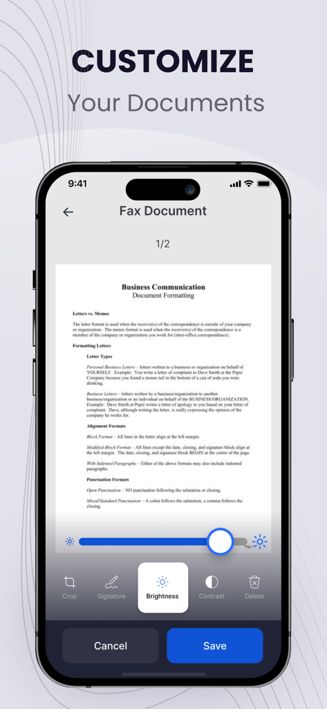 L'écran de personnalisation de l'application Smart Fax montrant les réglages de luminosité pour un document professionnel.