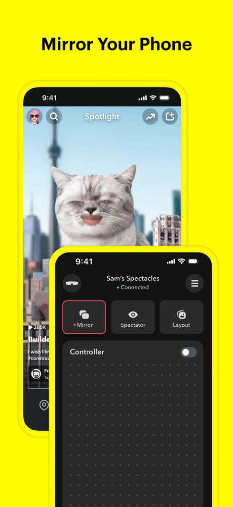 Spectacles by Snap Inc. - Spectacles app interface for phone mirroring and remote controller functions.