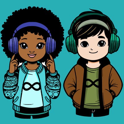an afroamerican girl with headphones and a boy with headphones, they have an ♾️ symbol on their shirt
