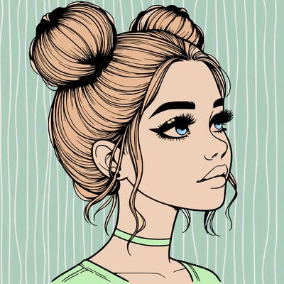realistic girl with buns on the top of her head