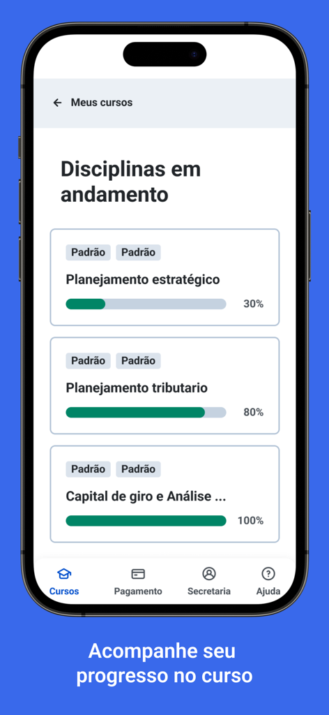 Interfaz de la aplicación móvil que muestra una lista de cursos con barras de progreso que indican los porcentajes de finalización para un estudiante