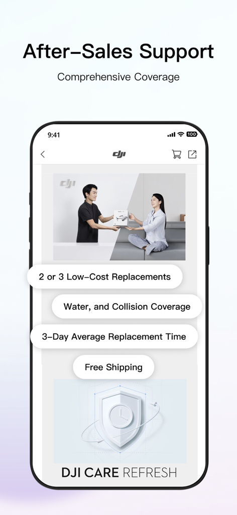DJI Store – Try Virtual Flight - アフターサービスサポートの特典とDJI Care Refreshの補償情報を表示するDJIストアアプリのスナップショット