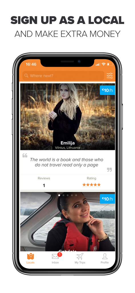 Showaround app screen showing profiles of local guides and a prompt to sign up as a local to make money