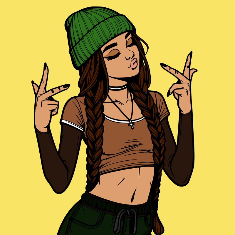 realistic teenage girl with braids and a beanie and crop top doing 🫶🏼