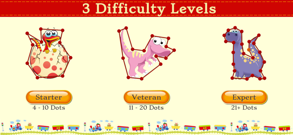 Dinosaur Dots Connect for kids - Screenshot showing three difficulty levels for the dinosaur dots connect game: Starter, Veteran, and Expert.