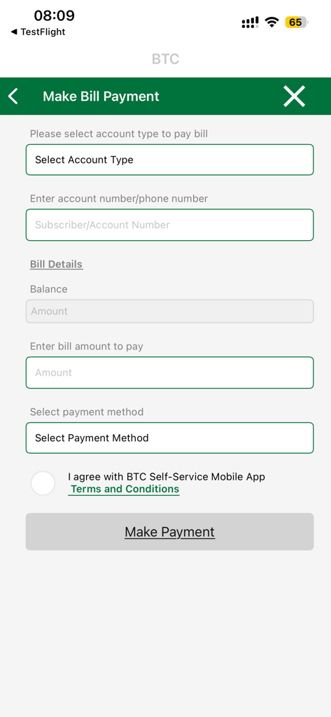 BTC Mobile App screen for making bill payments showing account and payment details