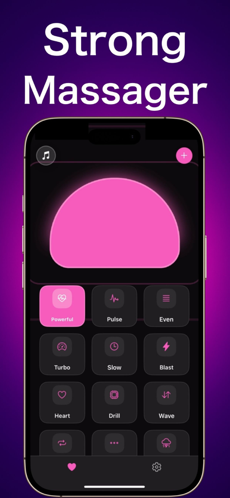 Interface de l'application BuruVibe montrant plusieurs motifs de vibration puissants et modes de massage