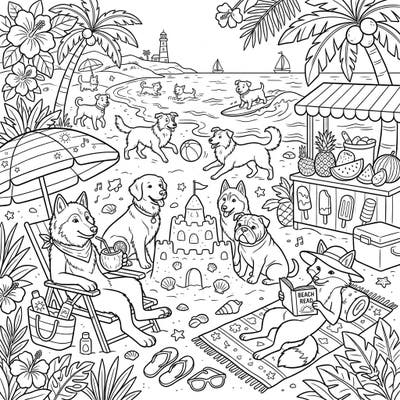 Enjoy a delightful summer day at the beach with an array of charming canines in this engaging coloring page. Designed with seniors in mind, it offers clear outlines and a heartwarming scene perfect for relaxation and creative expression.