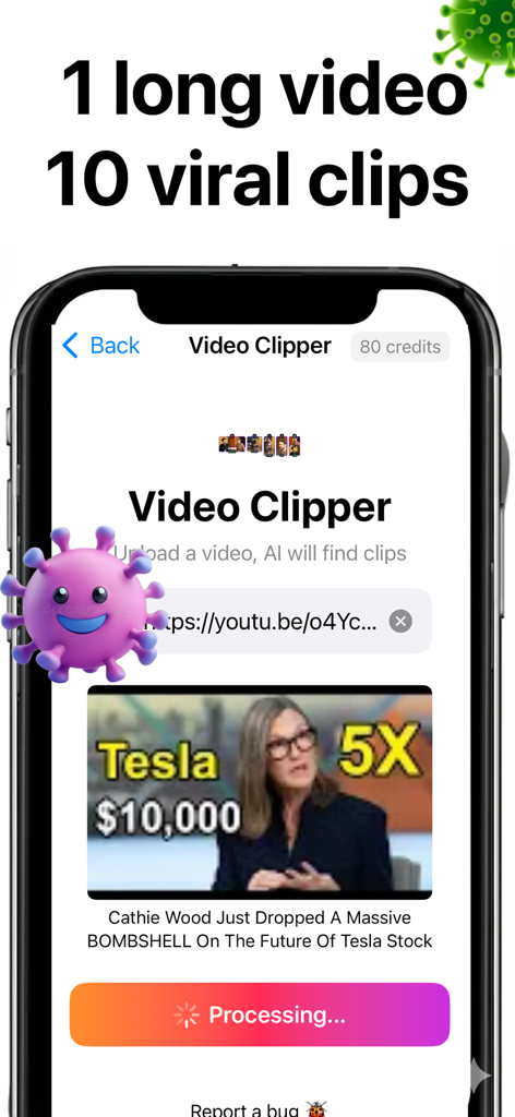 Crayo AI Video Clips Generator - 하나의 긴 비디오를 열 개의 바이럴 짧은 클립으로 변환하는 비디오 클리퍼 기능을 보여주는 Crayo AI 모바일 앱 인터페이스
