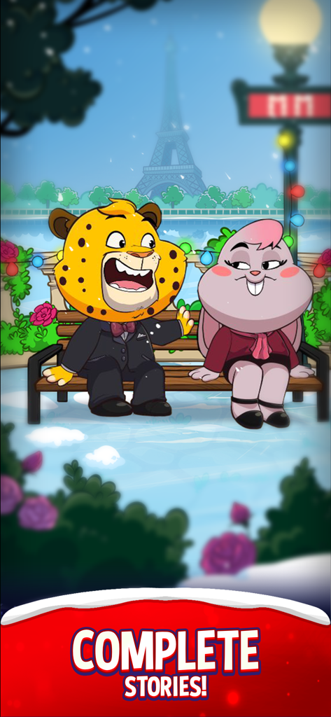 Two cartoon characters sitting on a park bench in Paris with the Eiffel Tower in the background