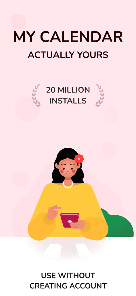 Schermata introduttiva dell'app Monitoraggio Ciclo e Calendario che evidenzia la privacy e i suoi 20 milioni di installazioni.