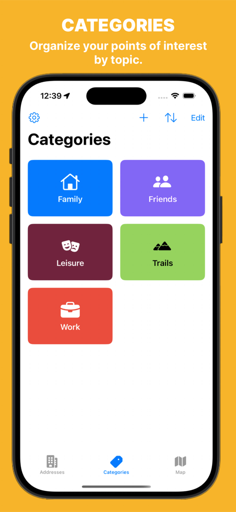Maps Address Book - Interface of the Maps Address Book app showing address categories for family, friends, leisure, trails, and work