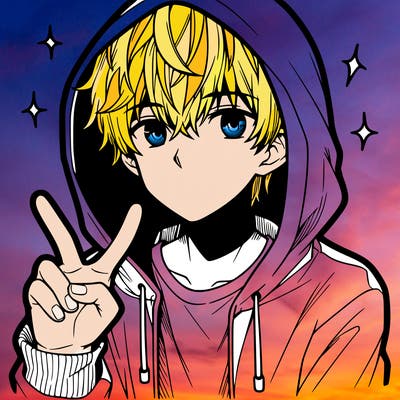 teenage manga boy in a hoodie, doing ✌