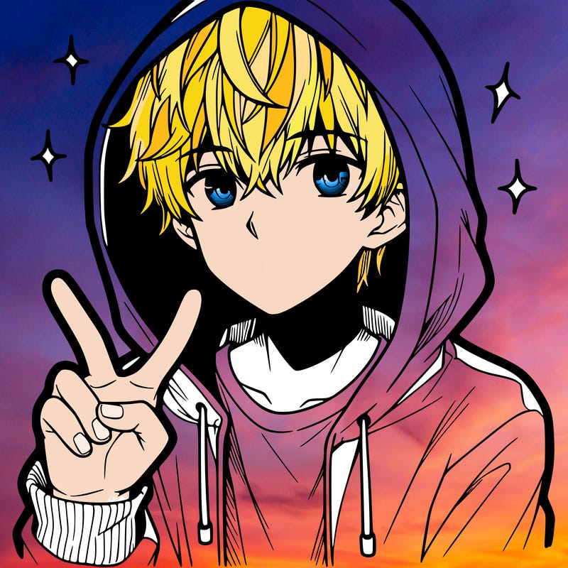teenage manga boy in a hoodie, doing ✌
