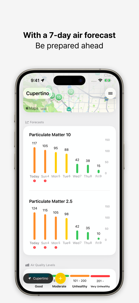 Interfaz de la aplicación Dusty que muestra un pronóstico de calidad del aire de siete días con gráficos detallados para PM10 y PM2.5